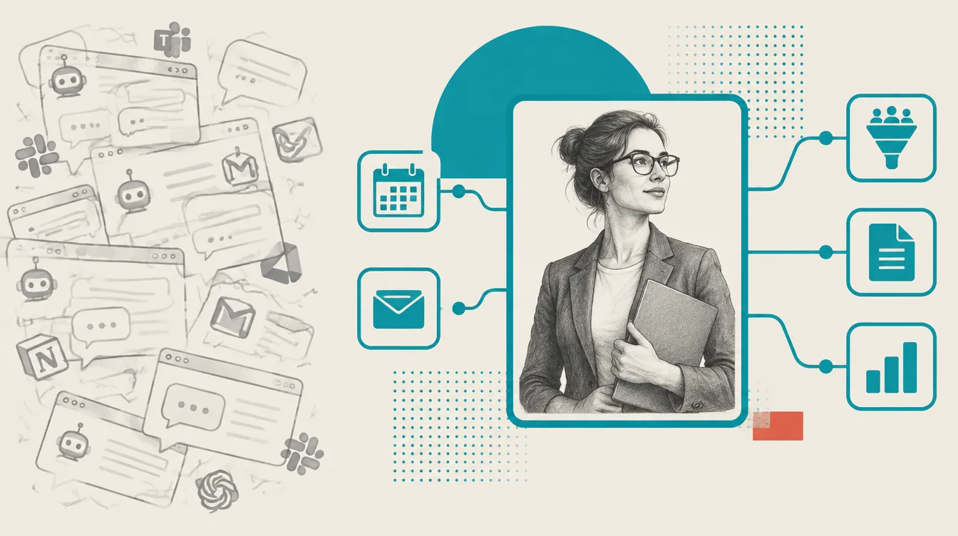 Illustration contrasting a scatter of generic self-serve AI chat windows with one deployed SN3 AI Employee role connected to a calendar, inbox, CRM, documents, and reporting