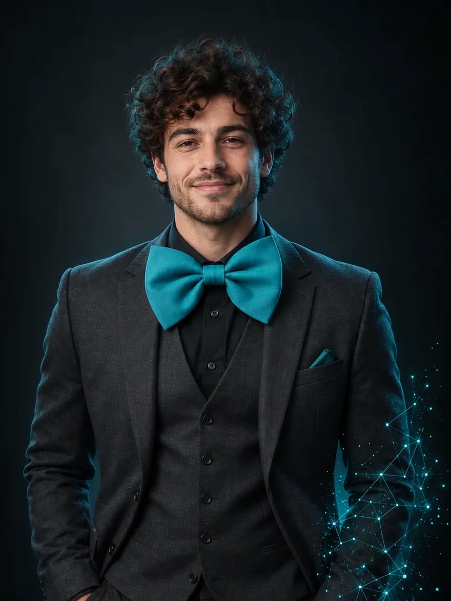 Cosmo, the SN3 AI Chief of Staff: a smiling man with curly hair in a charcoal three-piece suit and a teal bow tie, against a dark background lit by a teal network of points