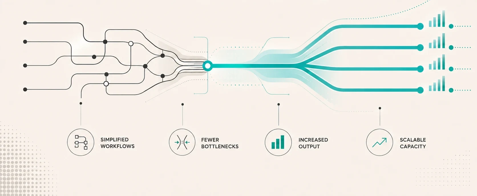 Tangled, friction-heavy workflows converging through a single point into clean parallel streams: simplified workflows, fewer bottlenecks, increased output, and scalable capacity
