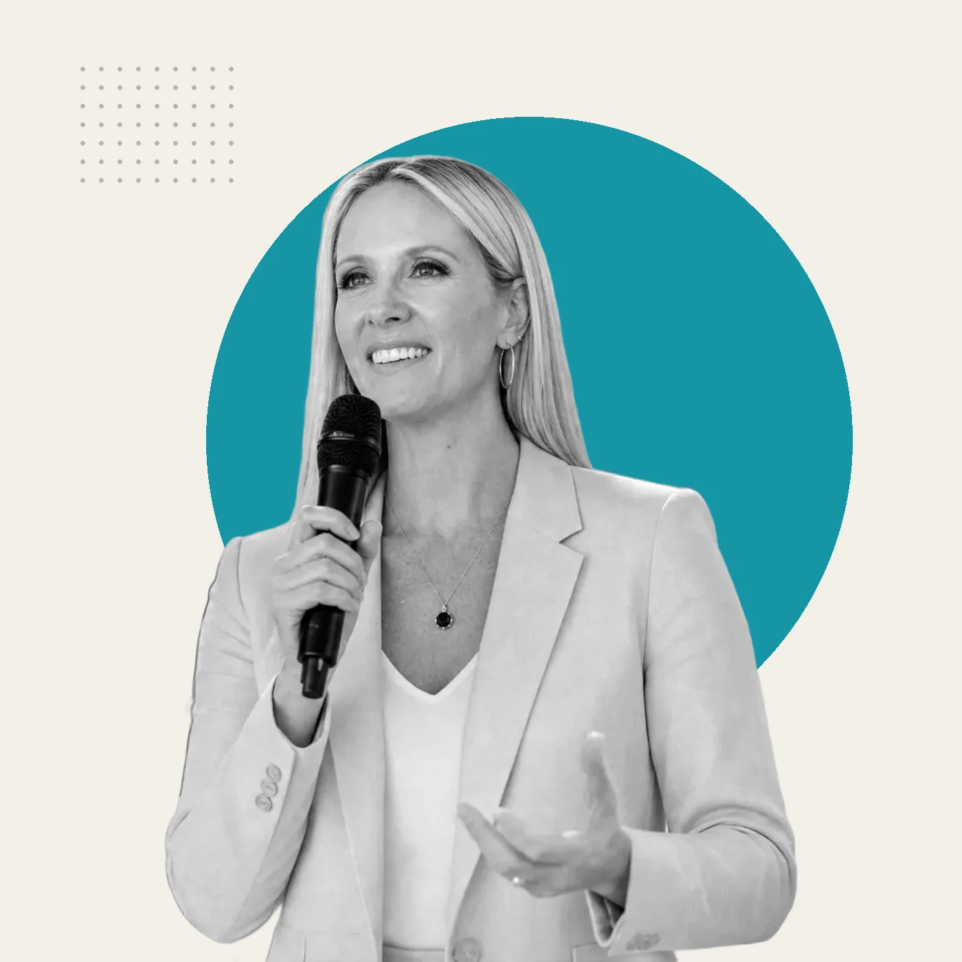 A speaker presenting with a handheld microphone beside a lectern, framed by a bold teal circle