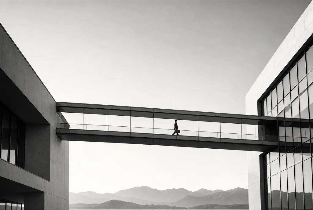 A lone professional crossing a footbridge that spans the gap between two buildings