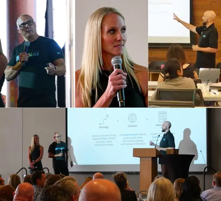 Alex Mont-Ros, Lisa Mont-Ros, and John Lipe teaching live AI workshops, from a hands-on table session to a full conference room